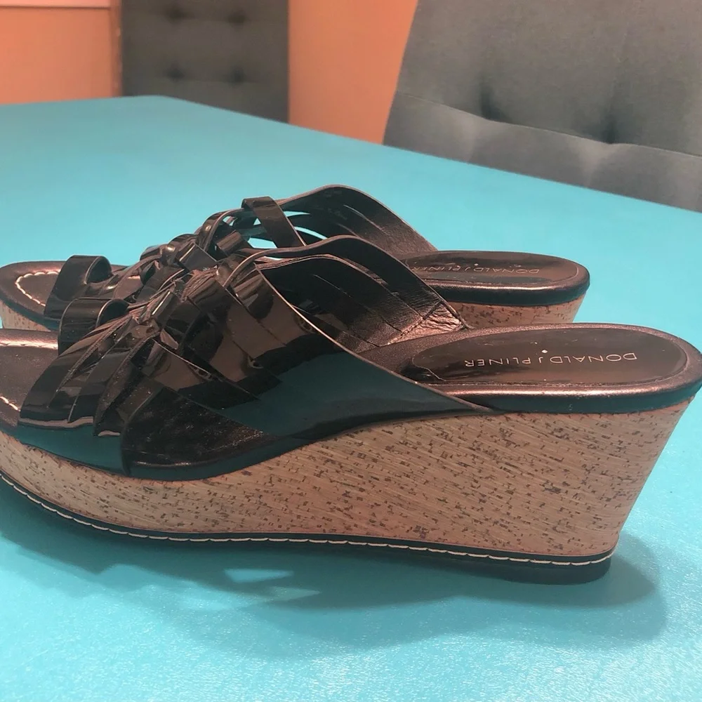 Donald J. Pliner Black Woven Leather Cork Wedge Sandals